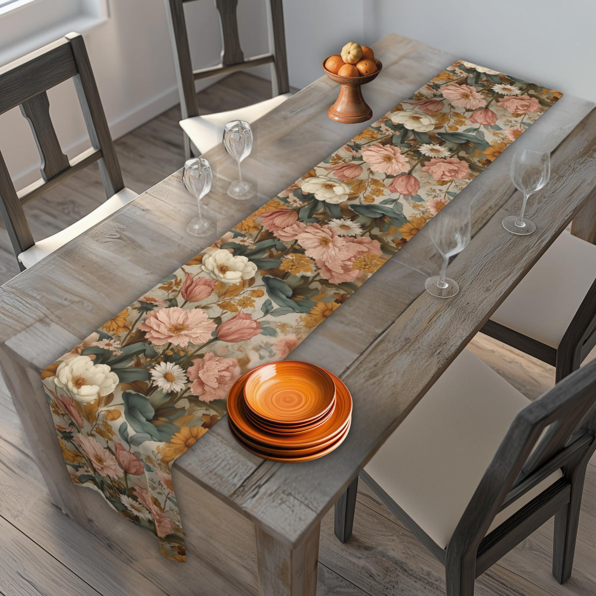 William Morris Inspired Botanical Table Runner: Dusty Rose, Sage, Ochre Autumn Accent