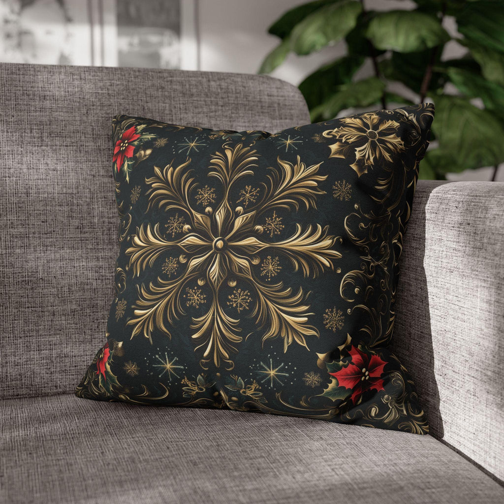 Victorian Christmas Throw Pillow Cover: Gold and Navy Snowflake & Poinsettia Holiday Accent Decor