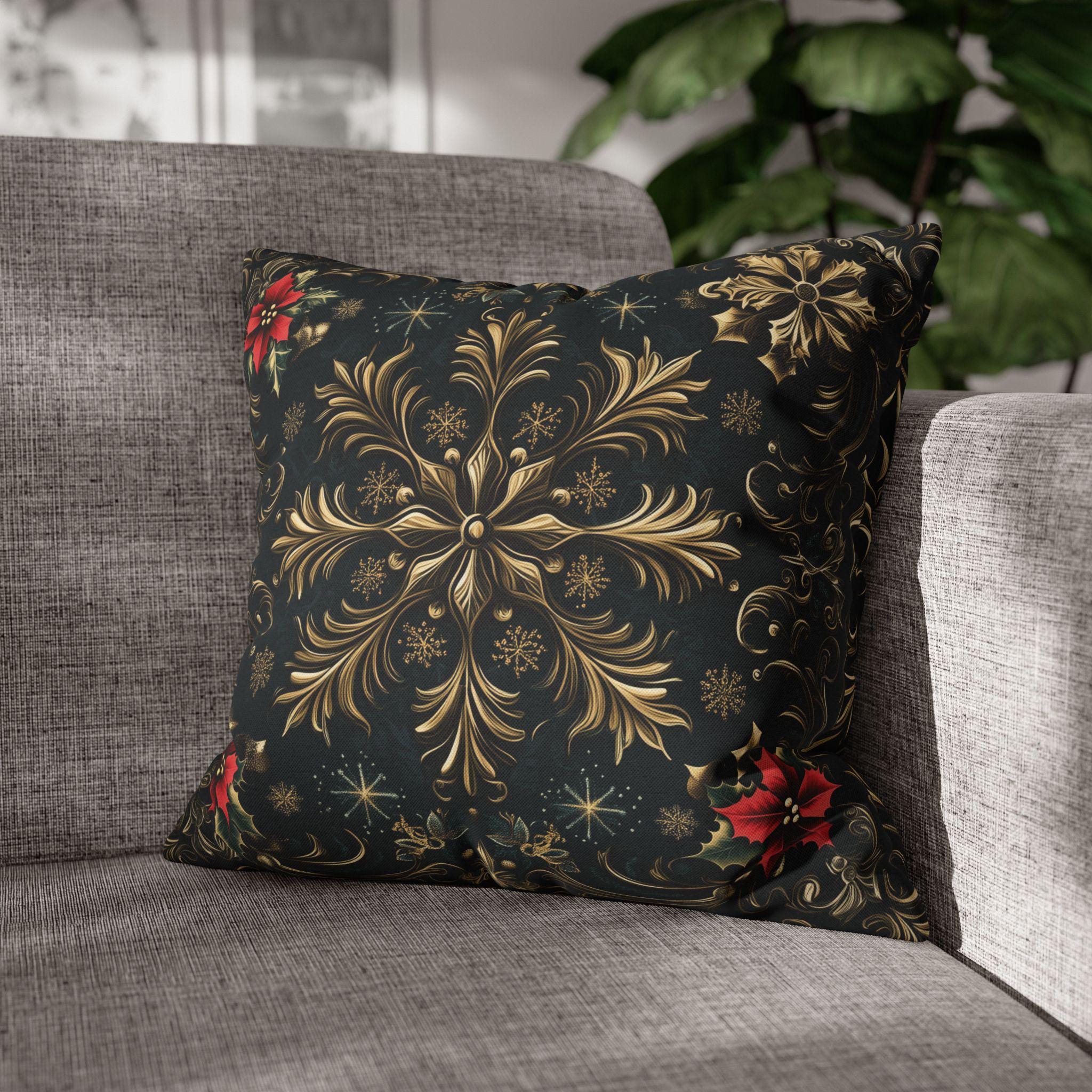 Victorian Christmas Throw Pillow Cover: Gold and Navy Snowflake & Poinsettia Holiday Accent Decor