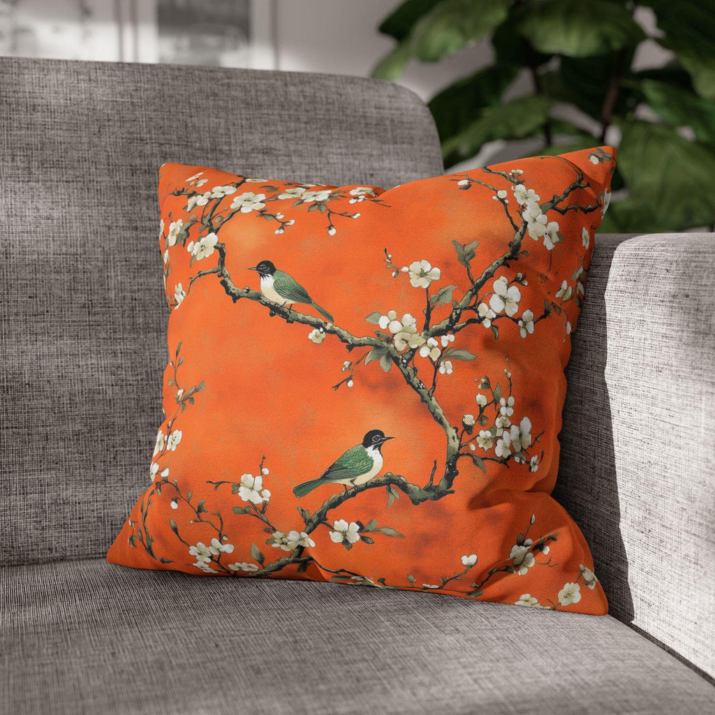 Elegant Chinoiserie Pillow Cover: Burnt Orange with White Blossoms and Birds for Asian-Inspired Decor