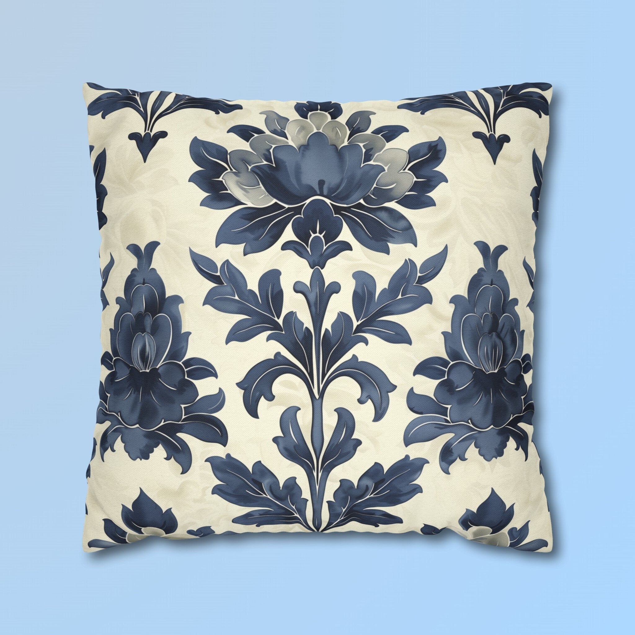Elegant Blue Floral Damask Throw Pillow Cover: French Country Farmhouse Cottagecore Vintage Decor