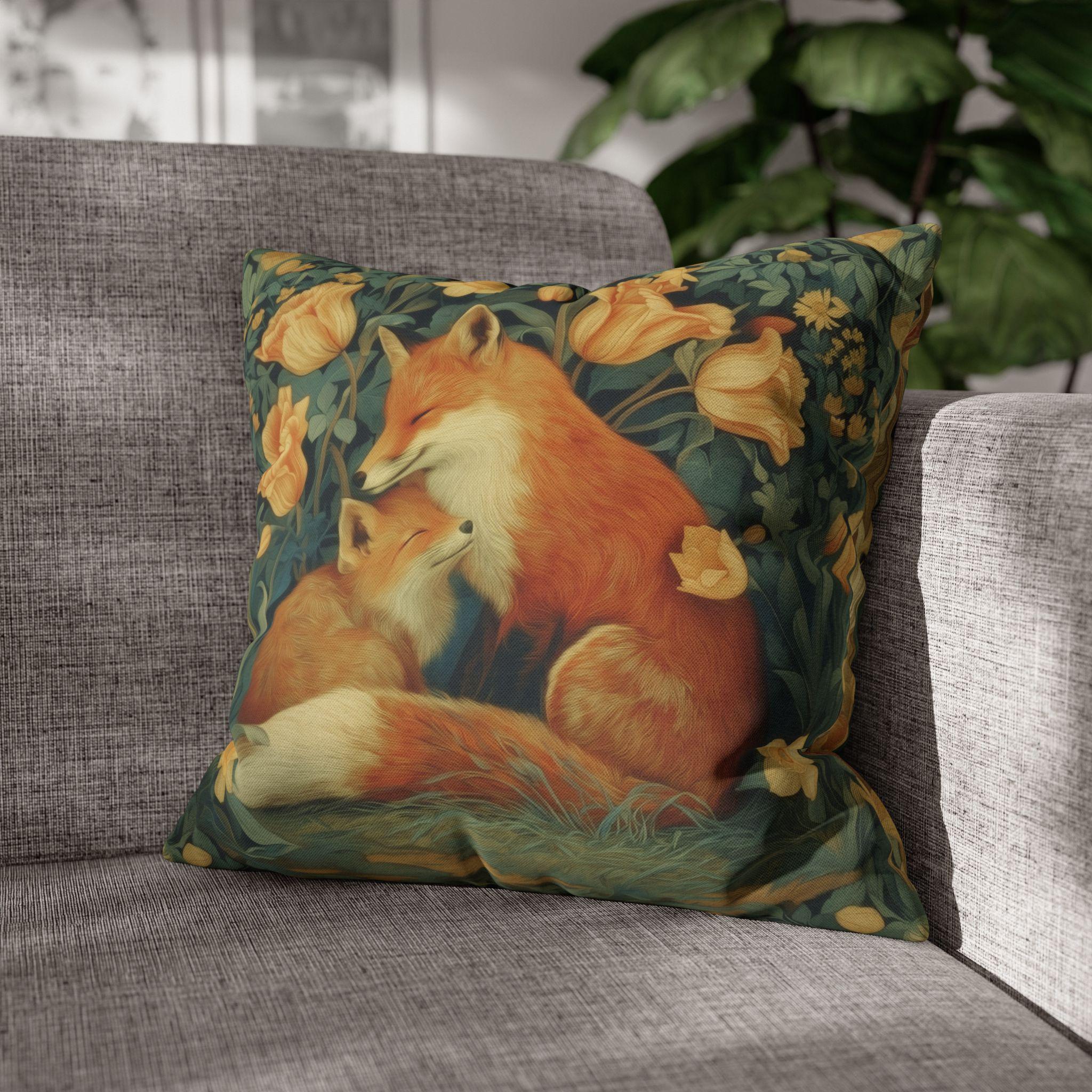 Mother's Bond Fox Pillow Cover: William Morris Inspired Woodland Botanical