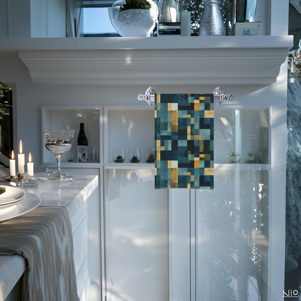 Geometric Abstract Hand Towel: Blue & Earthy Tones, Modern Rustic Decor, Hand-painted Effect