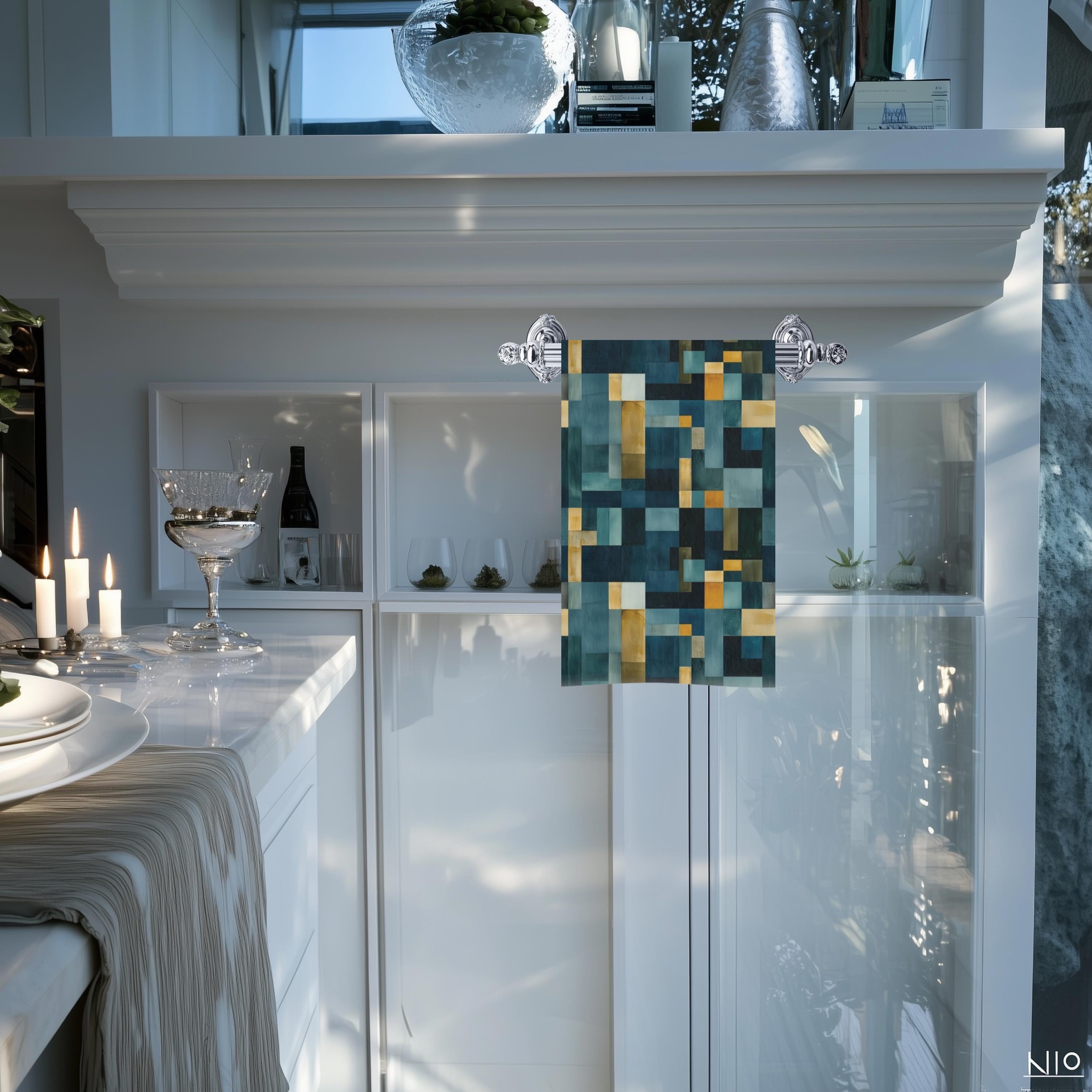 Geometric Abstract Hand Towel: Blue & Earthy Tones, Modern Rustic Decor, Hand-painted Effect