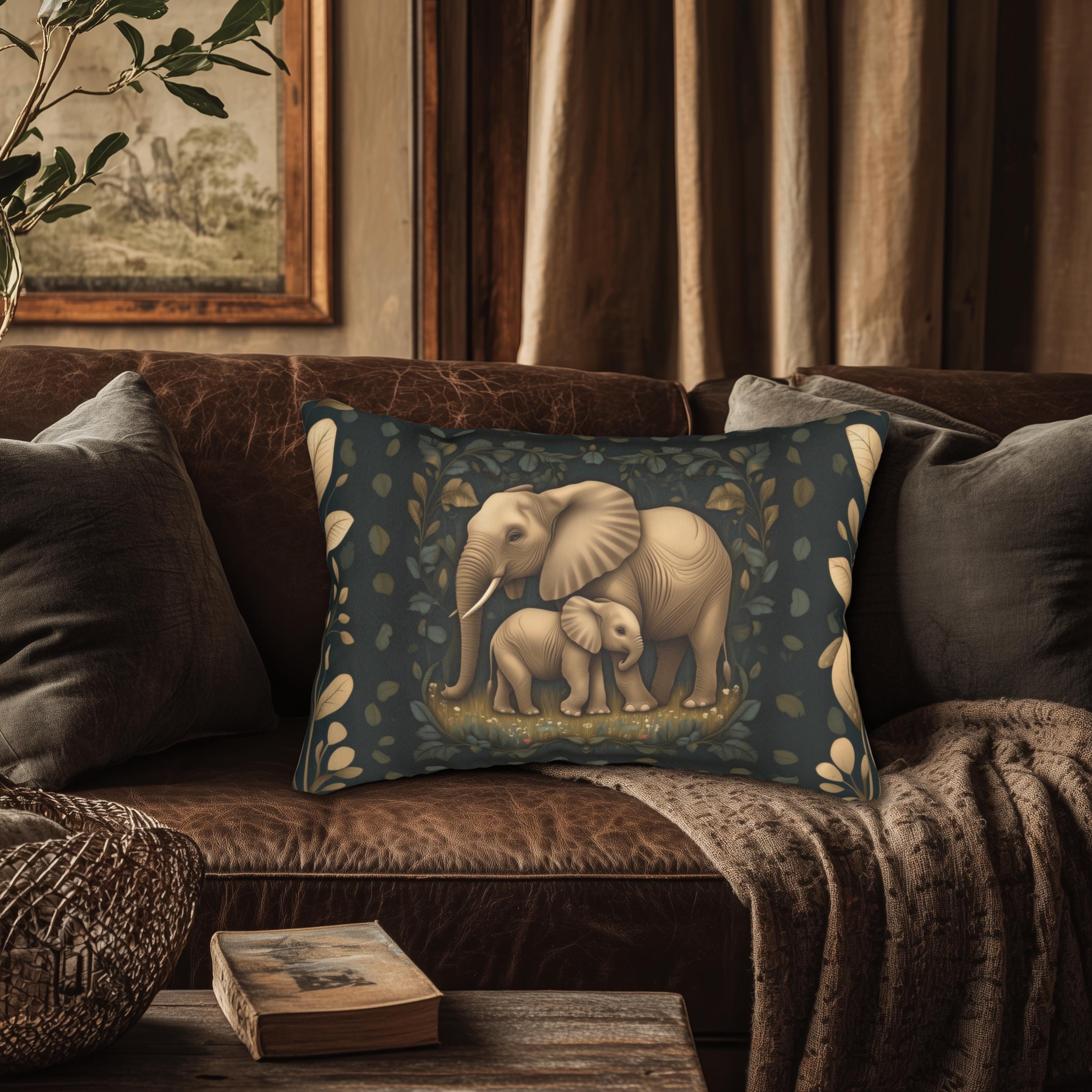 Elephant Lumbar Pillow: William Morris Botanical Jungle in Earth Tones