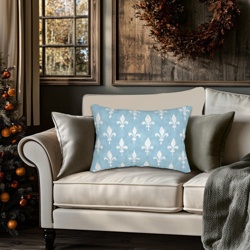 Blue and White Fleur de Lis Lumbar Pillow: French Cottage Style Decor