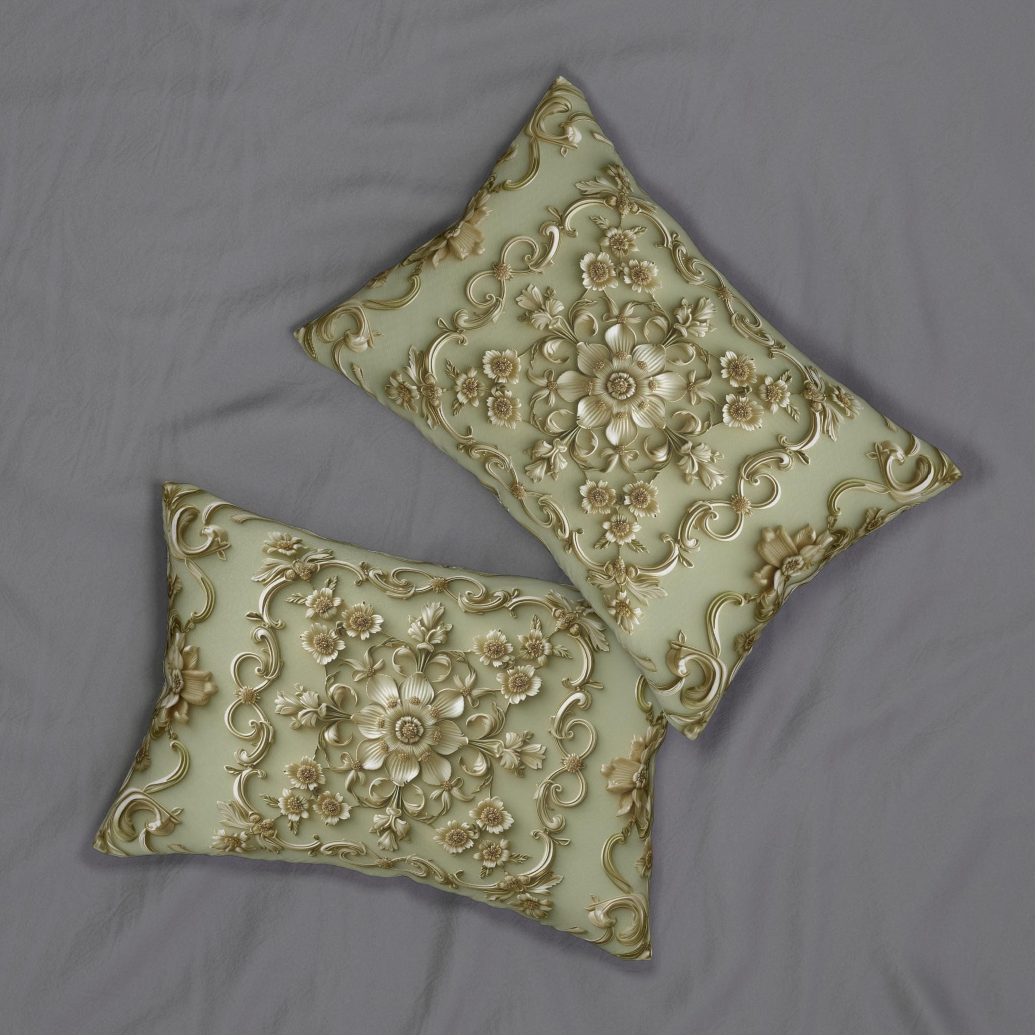 Sage Green French Floral Lumbar Pillow: Elegant Gold Blooms for Luxurious Living Room Decor