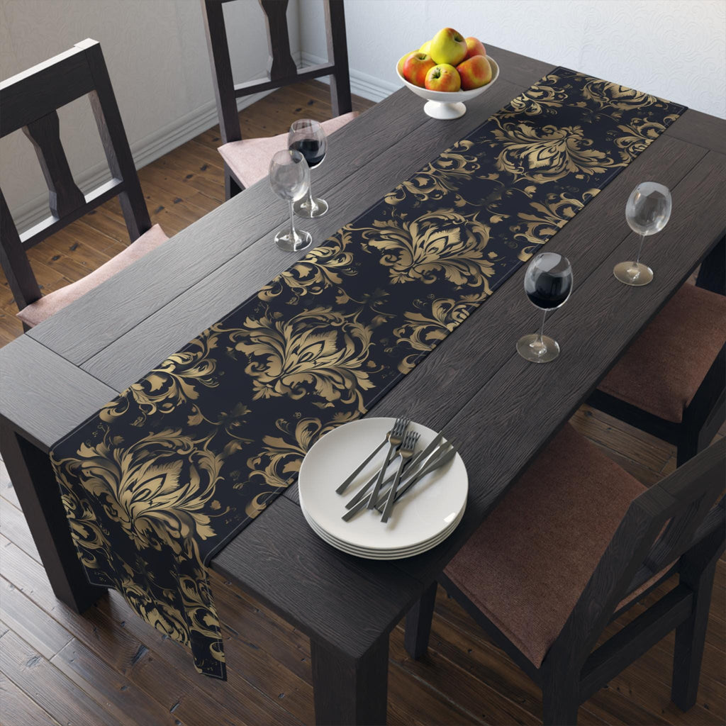 Navy and Gold Damask Table Runner: Elegant Medallion Print Dining Decor