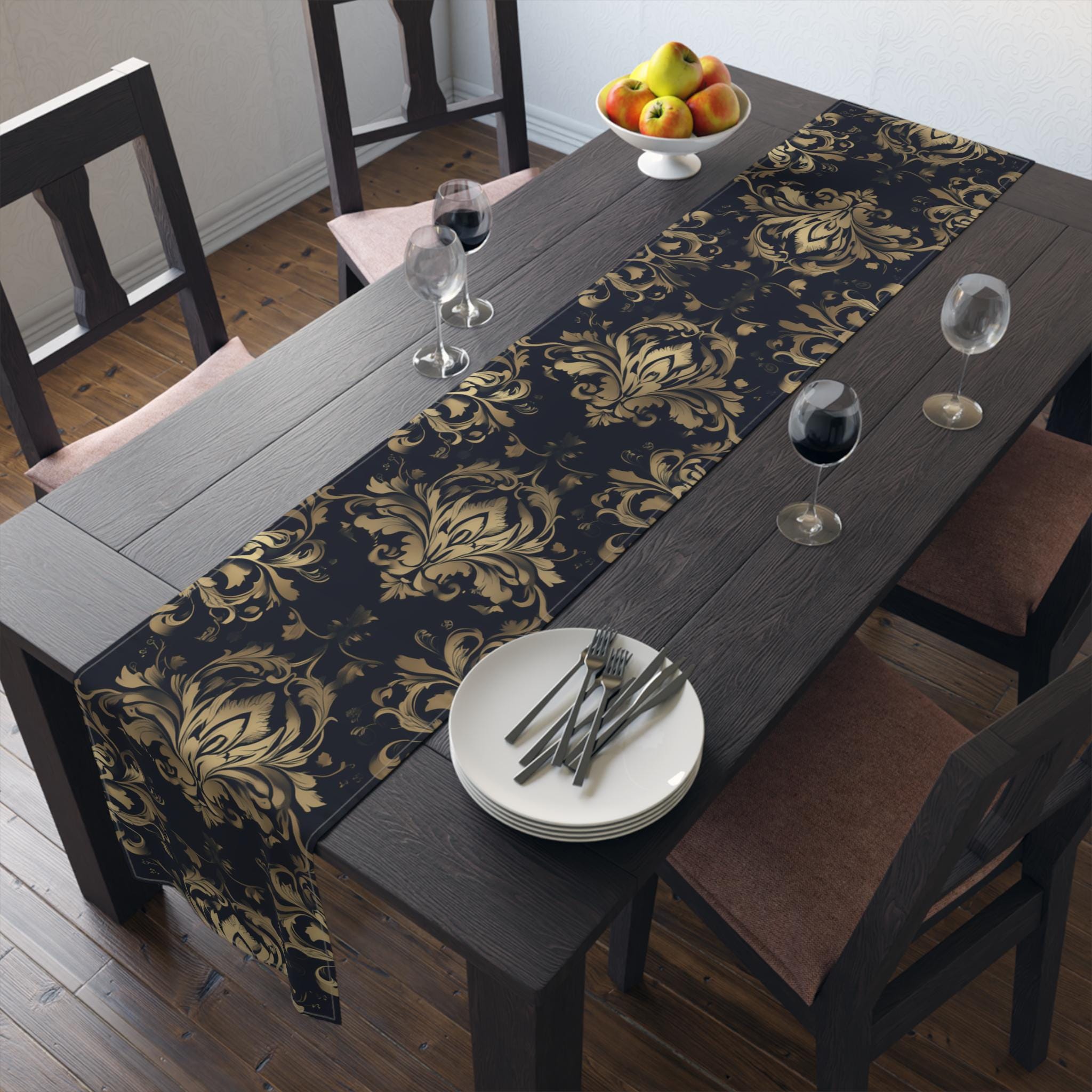 Navy and Gold Damask Table Runner: Elegant Medallion Print Dining Decor