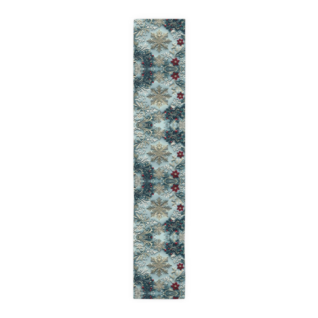 Elegant Blue Chinoiserie Christmas Table Runner: Snowflake & Holly Design for Holiday Dining Decor