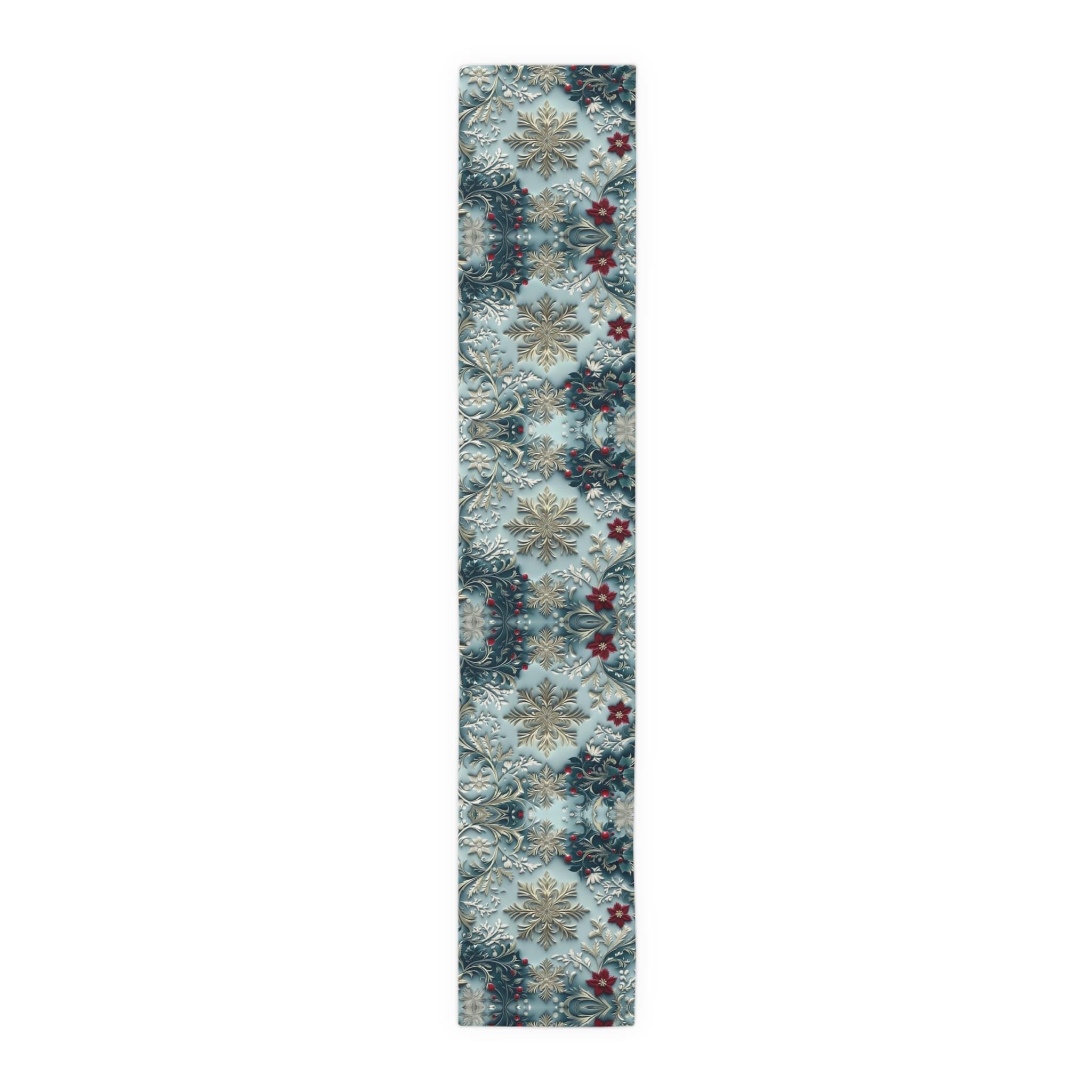 Elegant Blue Chinoiserie Christmas Table Runner: Snowflake & Holly Design for Holiday Dining Decor