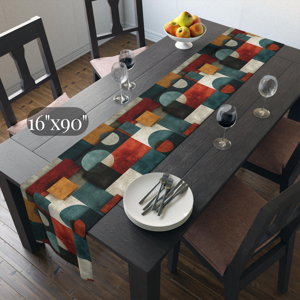 Bauhaus Table Runner: Geometric Mid Century Modern Decor in Teal-Gray, Rust and Cream