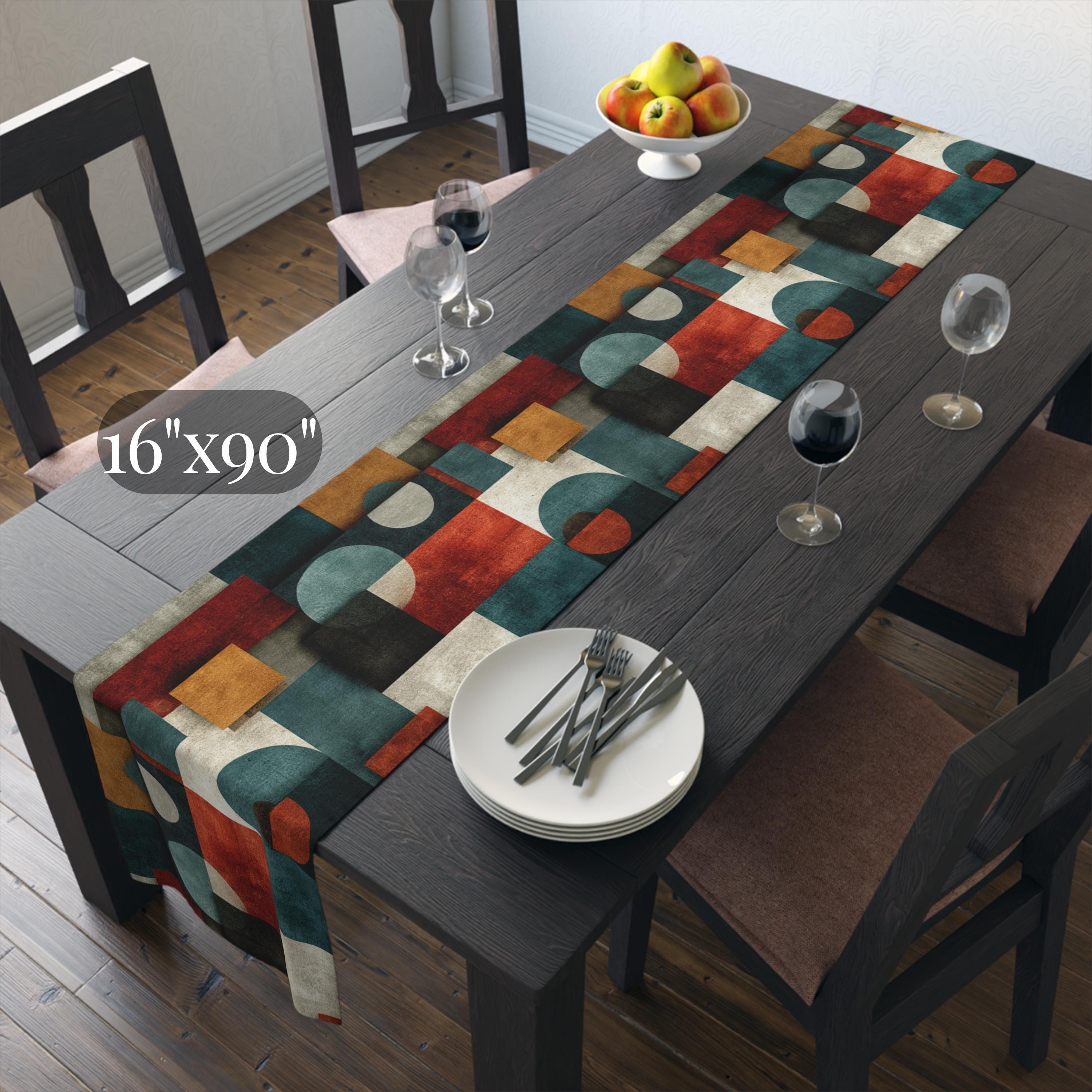 Bauhaus Table Runner: Geometric Mid Century Modern Decor in Teal-Gray, Rust and Cream