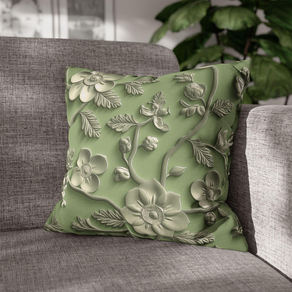 Elegant Chinoiserie Floral Pillow Cover: Green & Tan Pottery-Inspired Design for Timeless Asian Decor