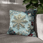 Blue Christmas Pillow Cover Elegant Chinoiserie Inspired Snowflake and Holly Design Light Blue Background
