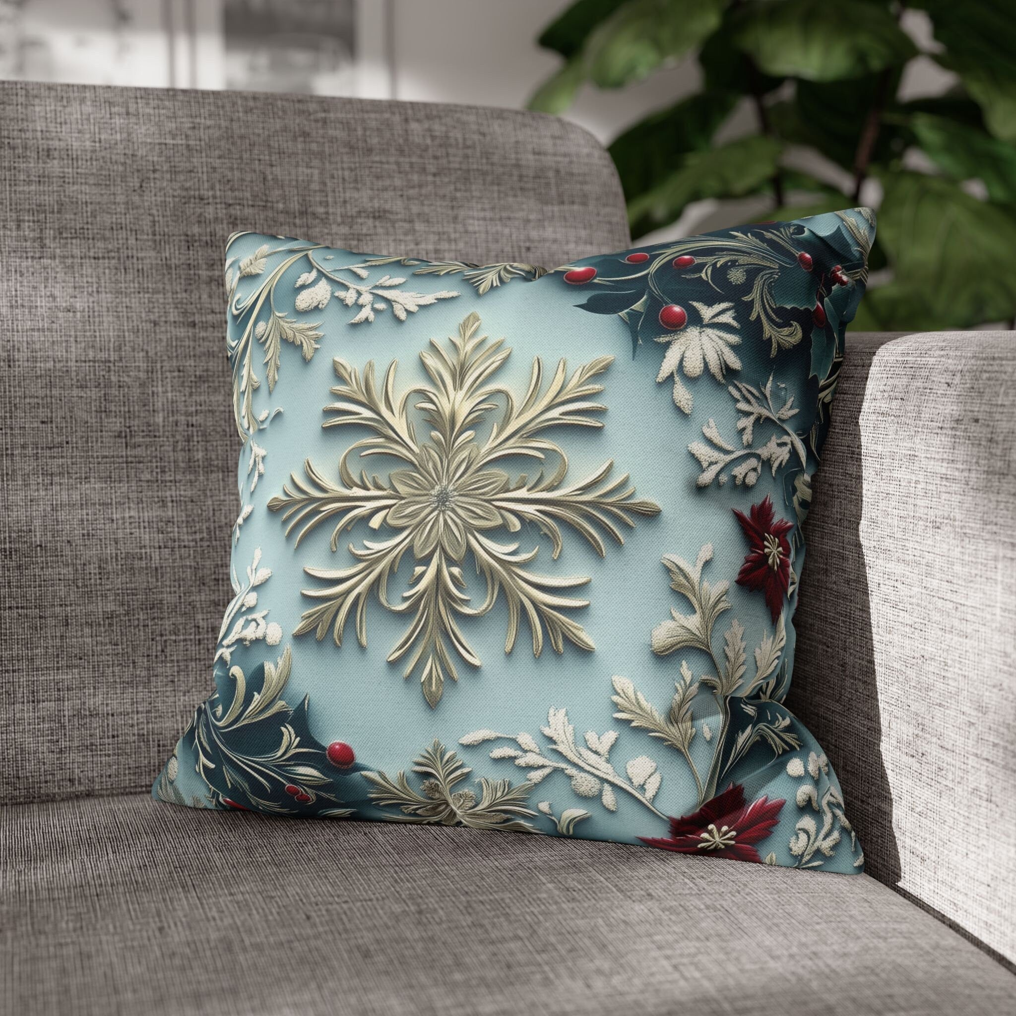 Blue Christmas Pillow Cover Elegant Chinoiserie Inspired Snowflake and Holly Design Light Blue Background