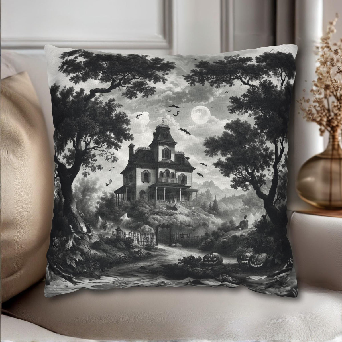 Halloween Toile Pillow Cover: Black and Cream Quietly Spooky Decor