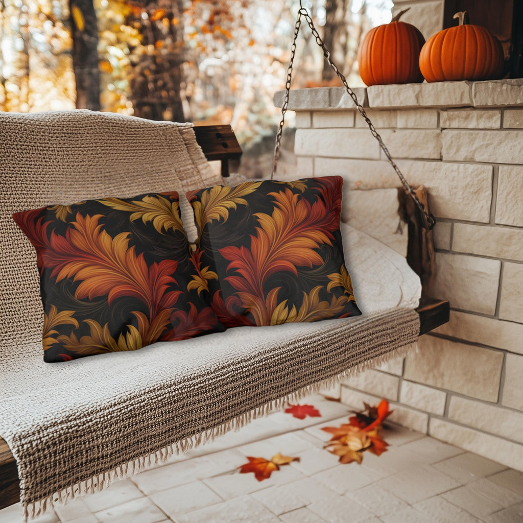 Autumn Leaf Outdoor Pillow: Red, Gold, Black - Weather Resistant