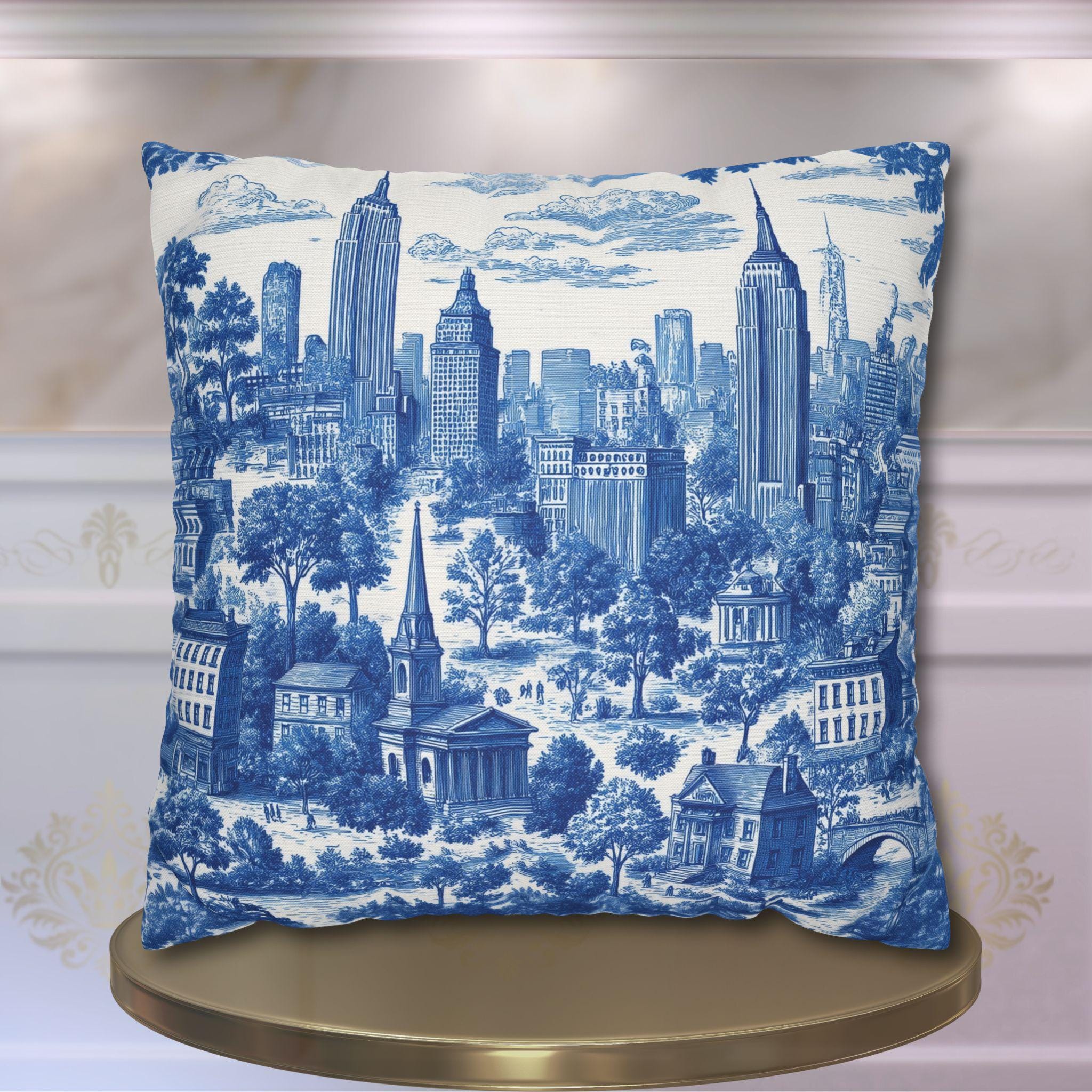 NYC Toile Pillow Cover: Blue & White French Country Urban Design