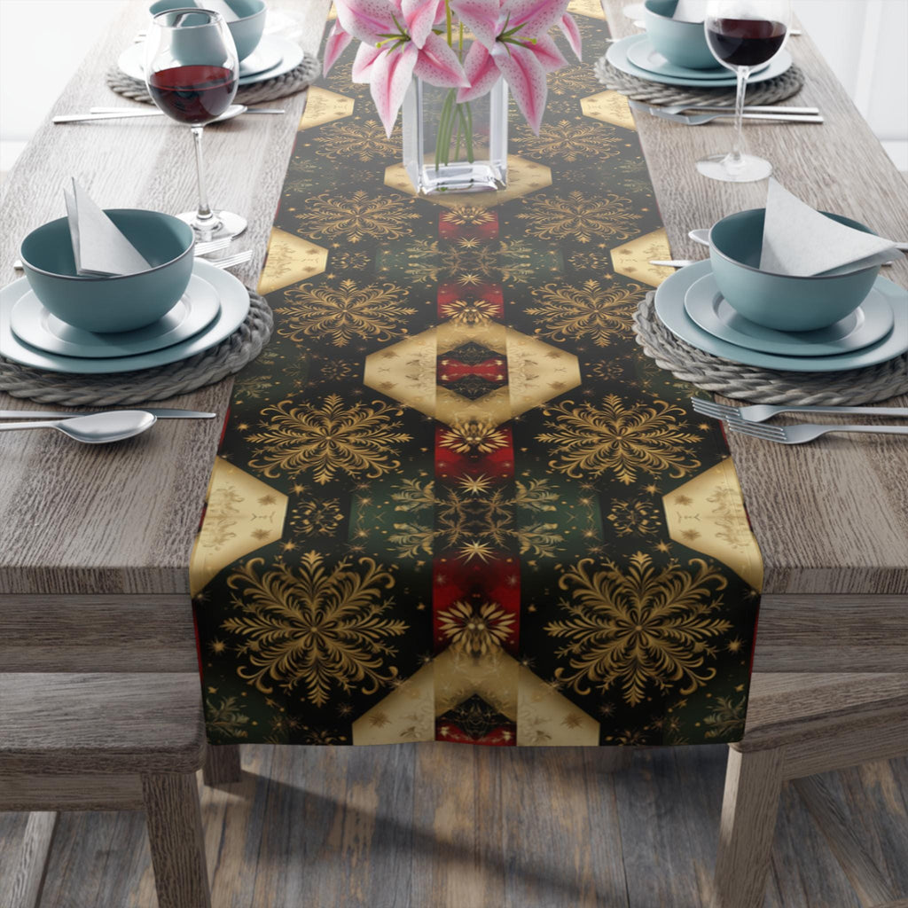Festive Gold Snowflake Table Runner: Elegant Christmas Dining Decor in Green, Charcoal & Red