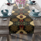 Festive Gold Snowflake Table Runner: Elegant Christmas Dining Decor in Green, Charcoal & Red