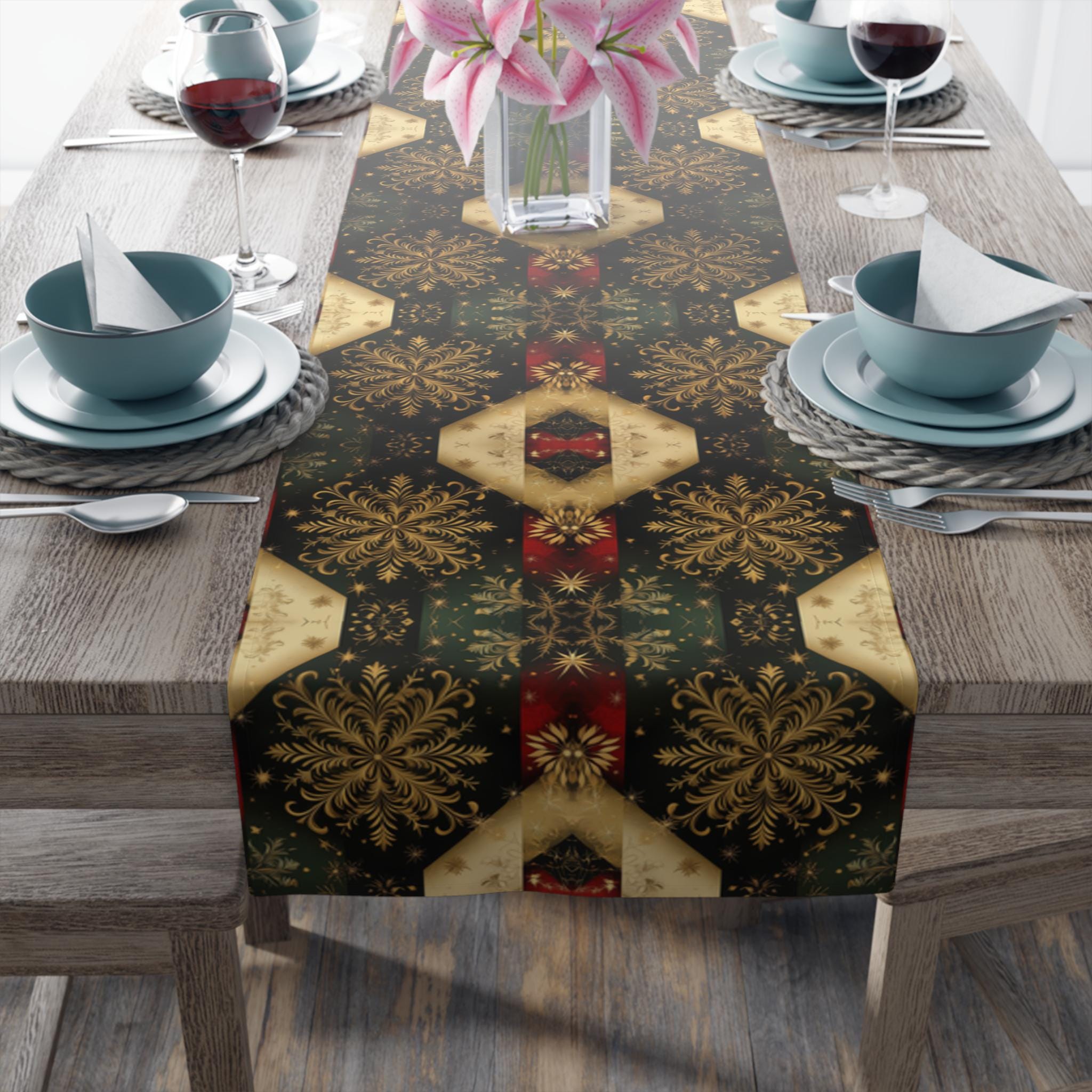 Festive Gold Snowflake Table Runner: Elegant Christmas Dining Decor in Green, Charcoal & Red