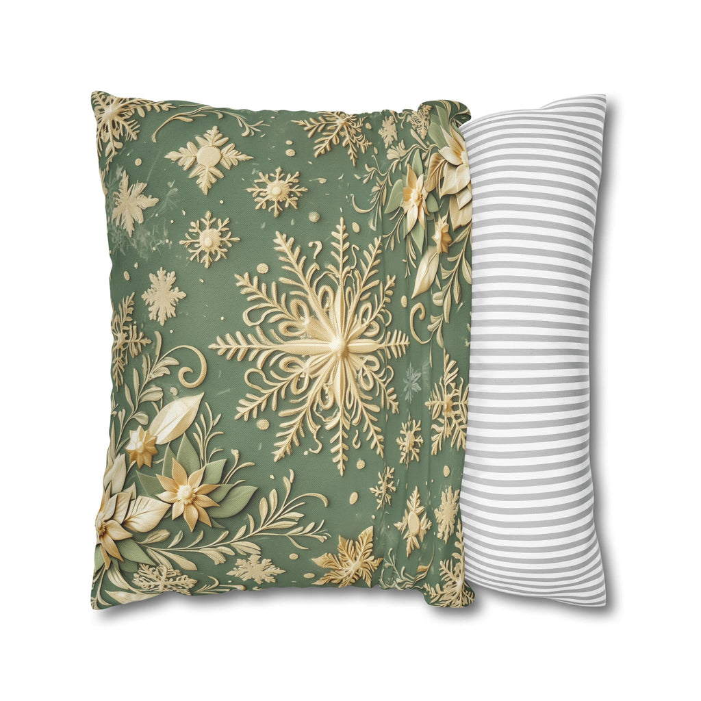Snowflake Minty Green Square Pillowcase, Elegant Gold and Green Throw Pillow Cover
