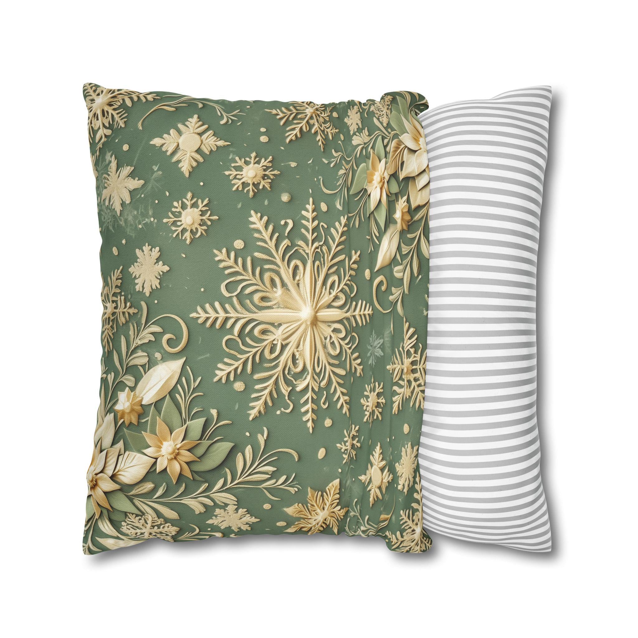 Snowflake Minty Green Square Pillowcase, Elegant Gold and Green Throw Pillow Cover