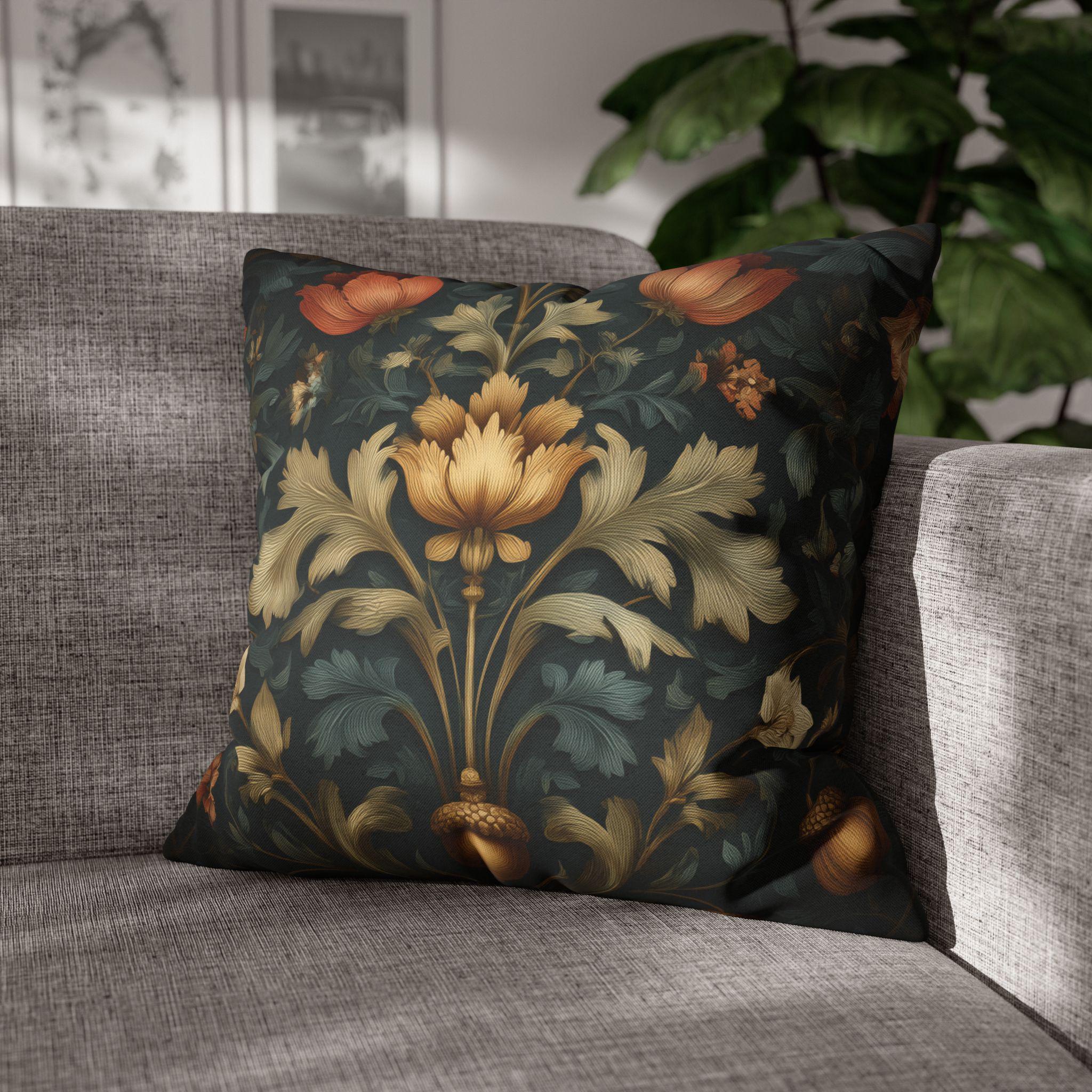 William Morris Inspired Fall Pillow Cover: Dark Teal Gold Rust Floral