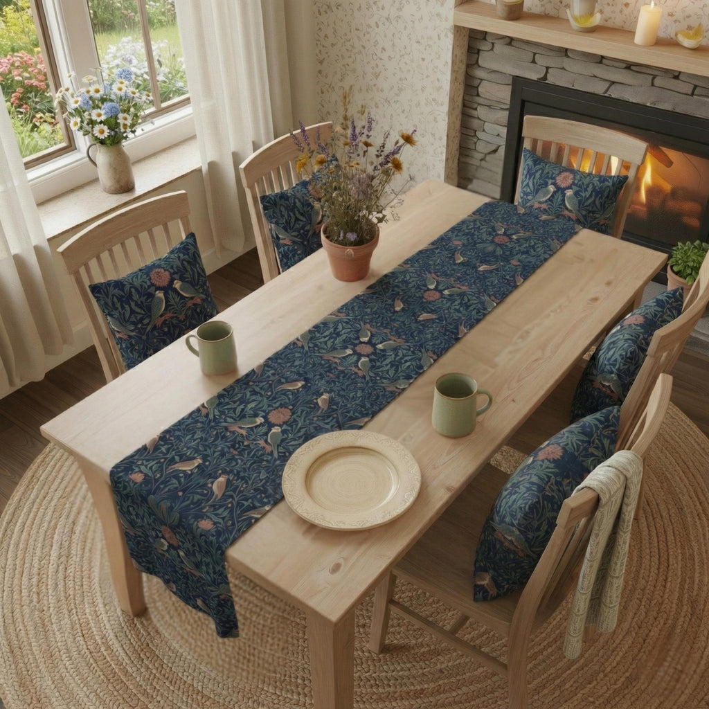 Midnight Songbirds Table Runner: William Morris Birds Pattern Revival