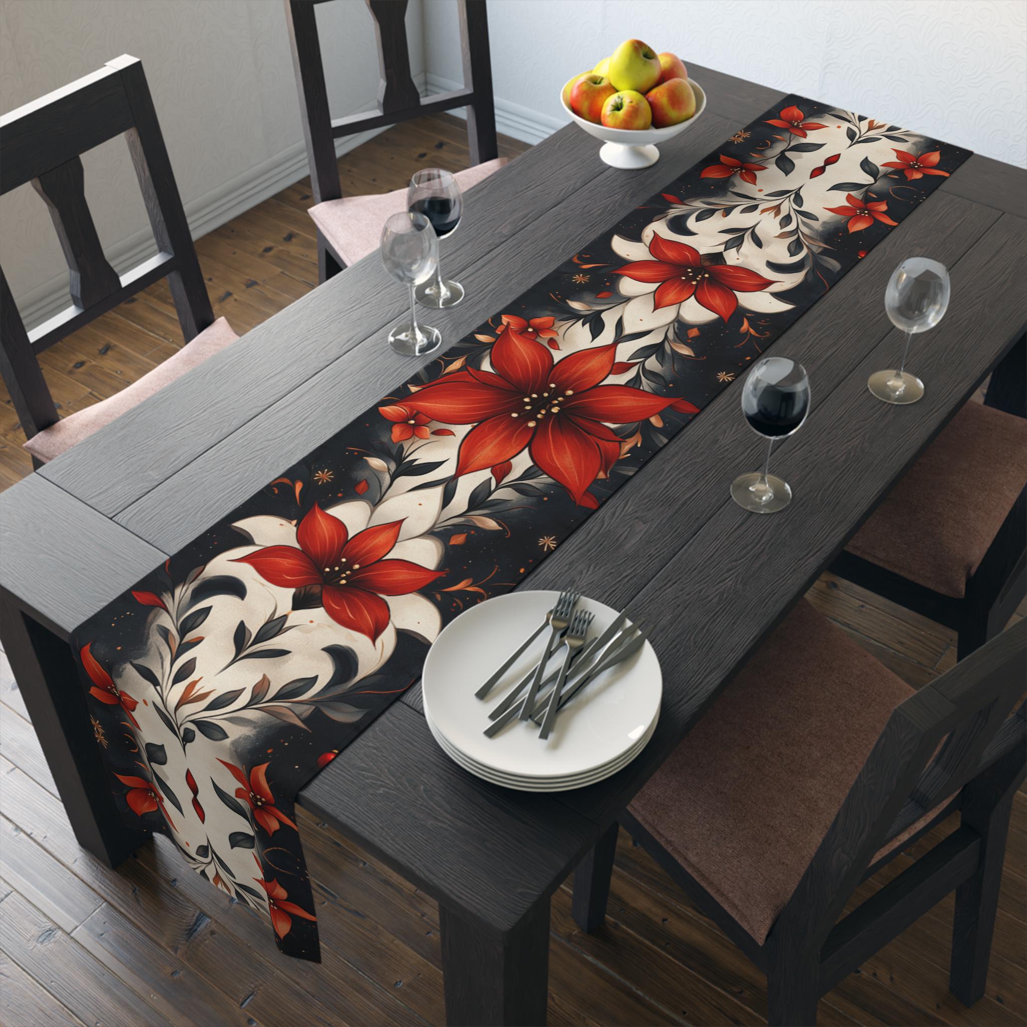 Fleur de Lis Poinsettia Table Runner: Festive Red & Navy Winter Decor