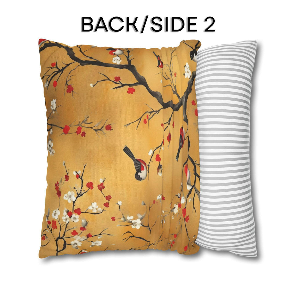 Chinoiserie Pillow Cover: Gold, Red Blossoms & Birds - Asian Decor