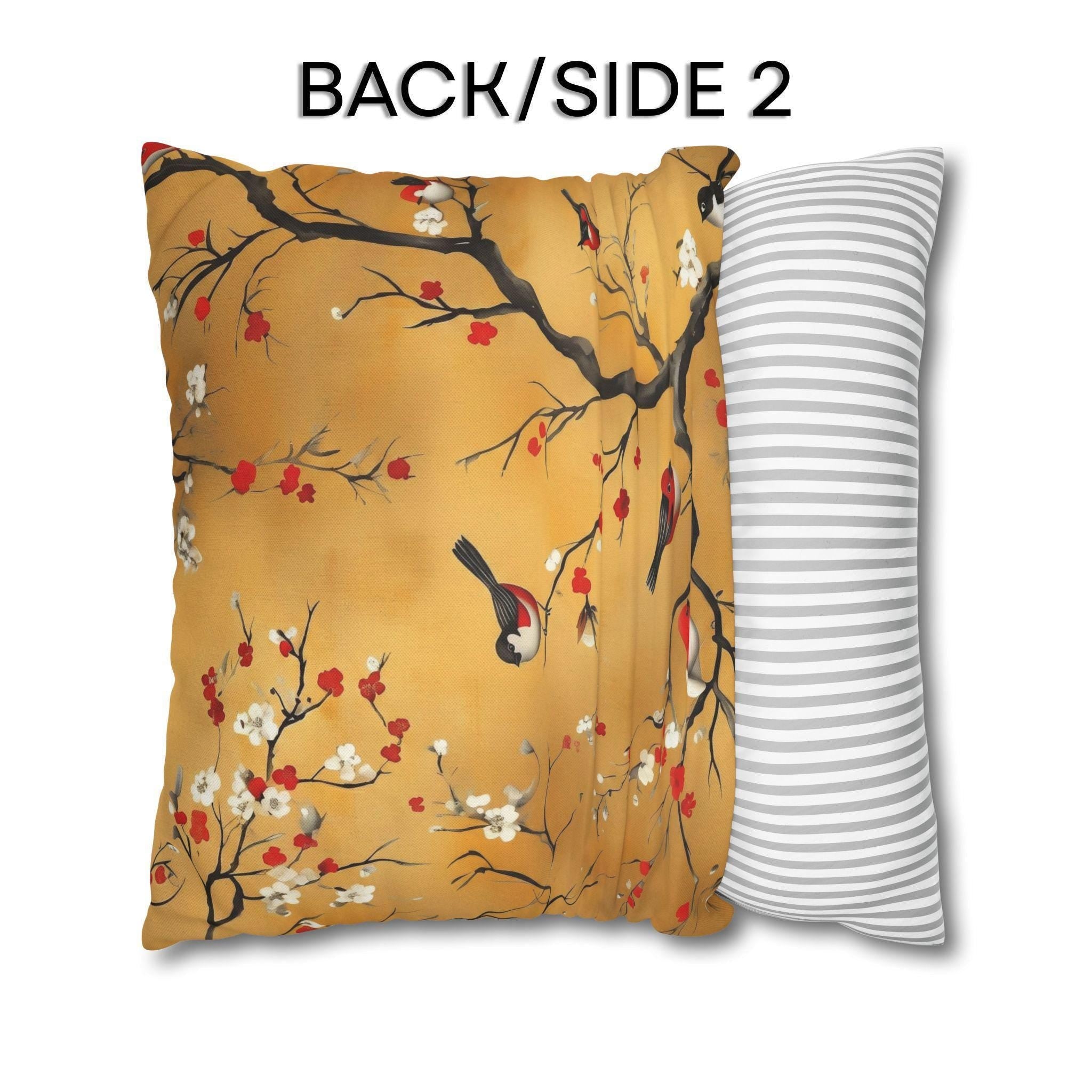 Chinoiserie Pillow Cover: Gold, Red Blossoms & Birds - Asian Decor
