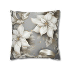 Elegant White Poinsettia Silver Ribbon Pillow Cover: Luxurious Holiday Decor for Couch