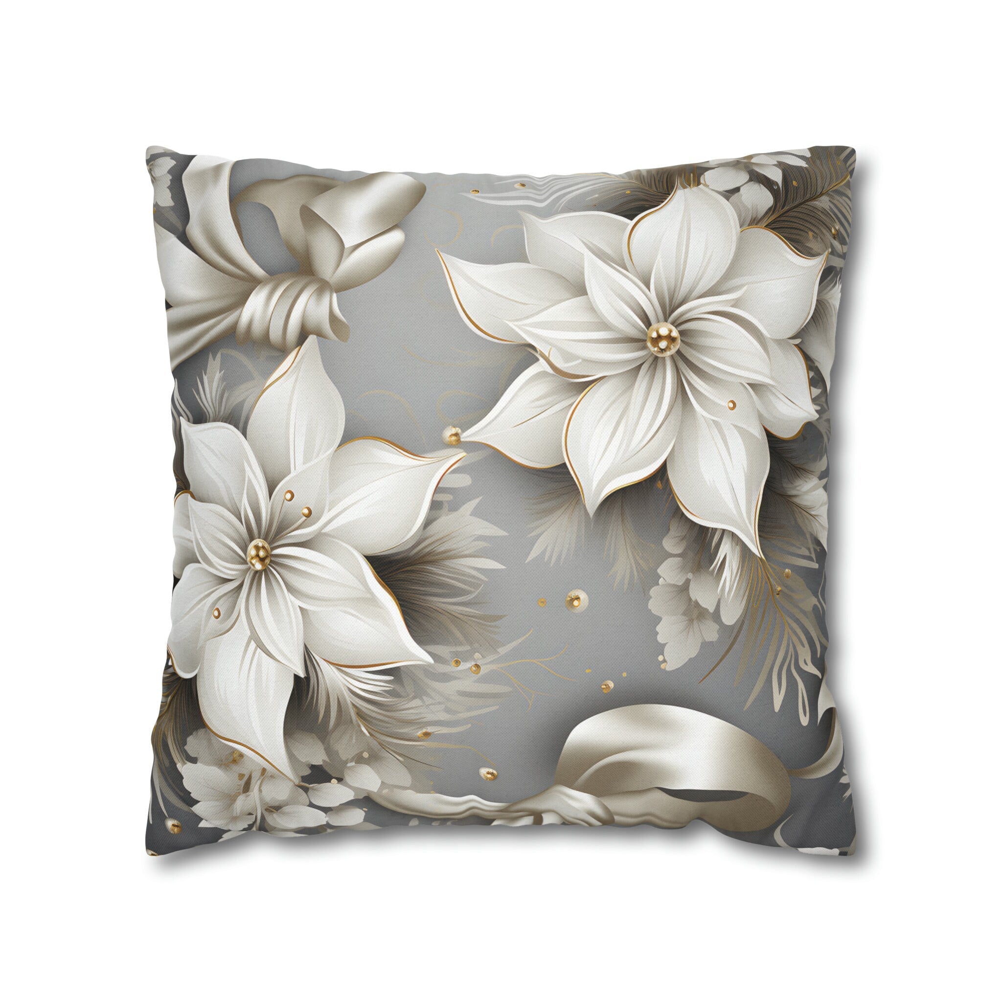 Elegant White Poinsettia Silver Ribbon Pillow Cover: Luxurious Holiday Decor for Couch