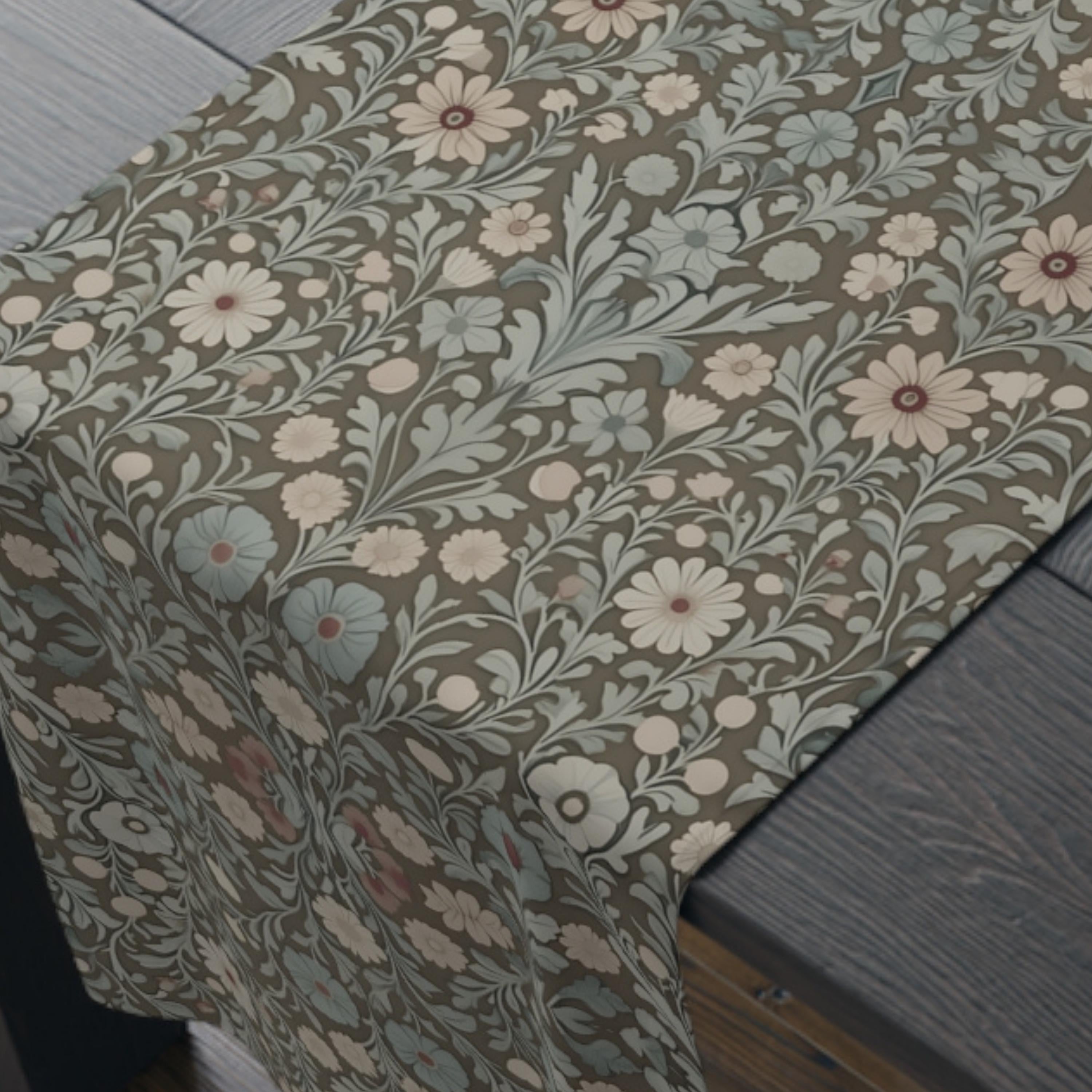 William Morris Table Runner: Soft Sage, Taupe, Blush Botanical Print