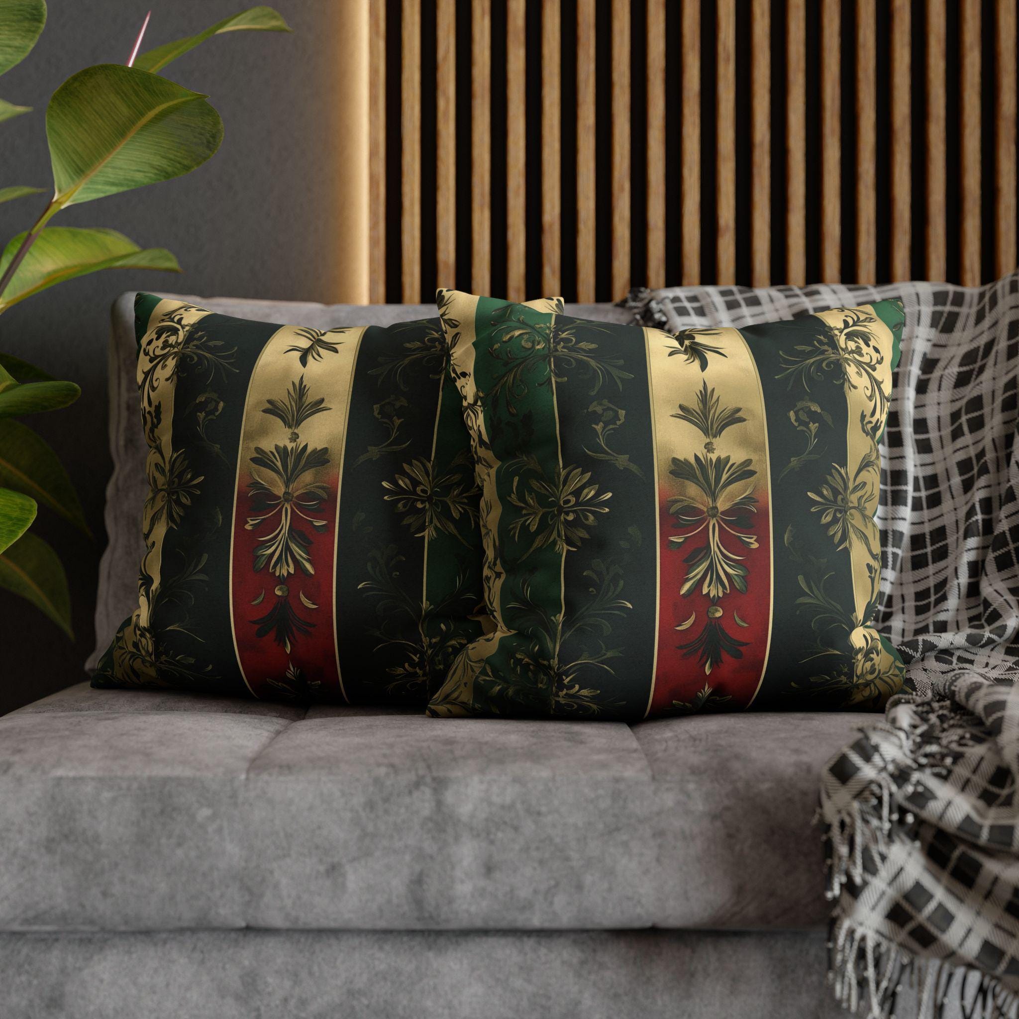 Elegant Holiday Striped Pillowcase: Floral Botanical Design, Gold Green Red Decorative Cover