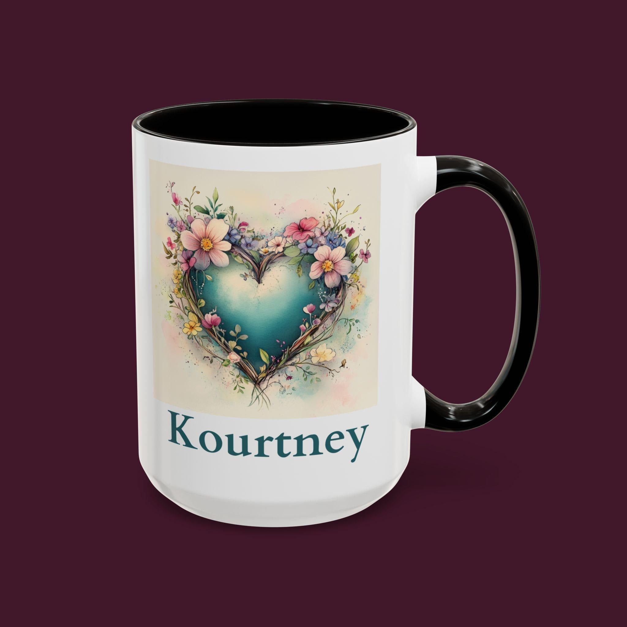 Personalized Floral Heart Mug: Watercolor Valentine's Gift, Custom Name