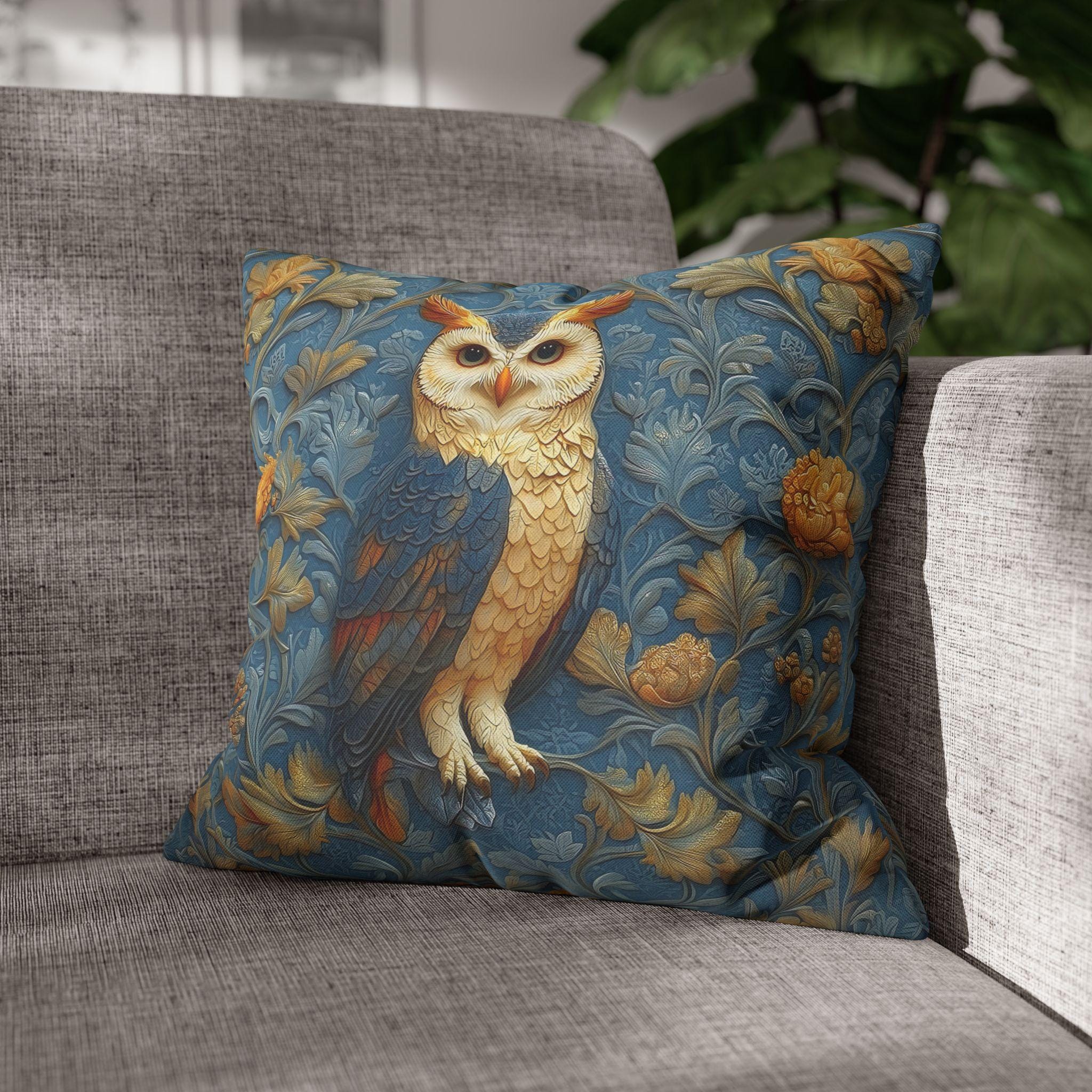 William Morris Style Throw Pillow Cover: Blue and Gold Owl Design