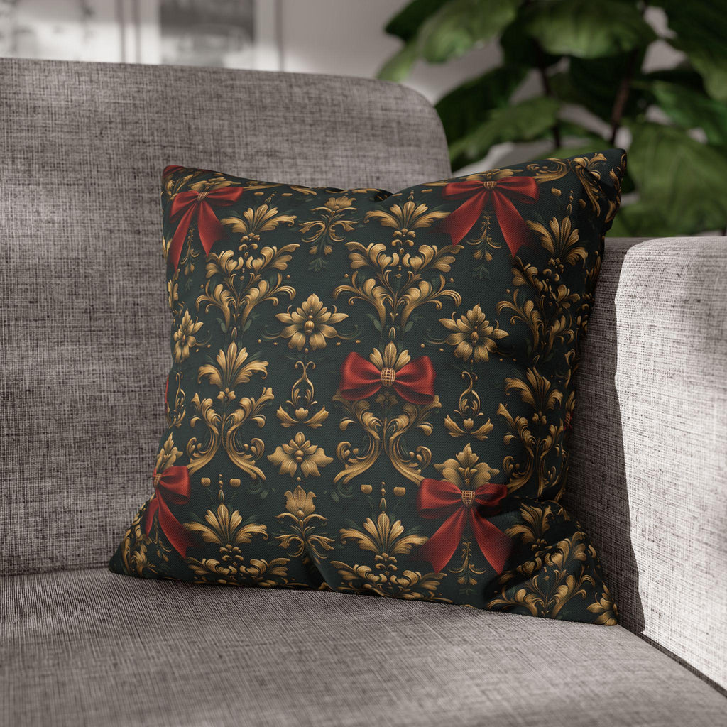 Gold Damask Christmas Pillow Cover with Printed Red Bow: Holiday Decor