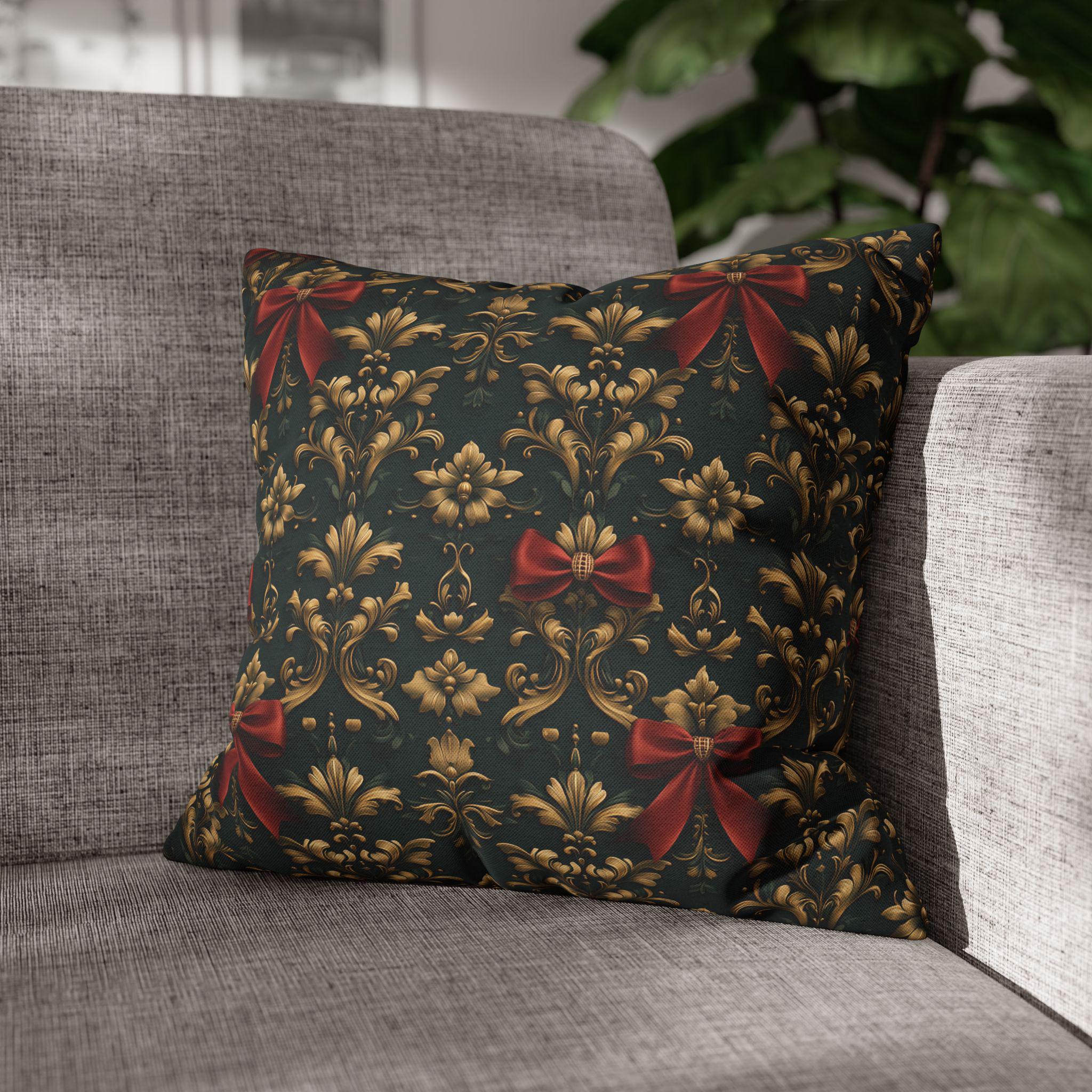 Gold Damask Christmas Pillow Cover with Printed Red Bow: Holiday Decor