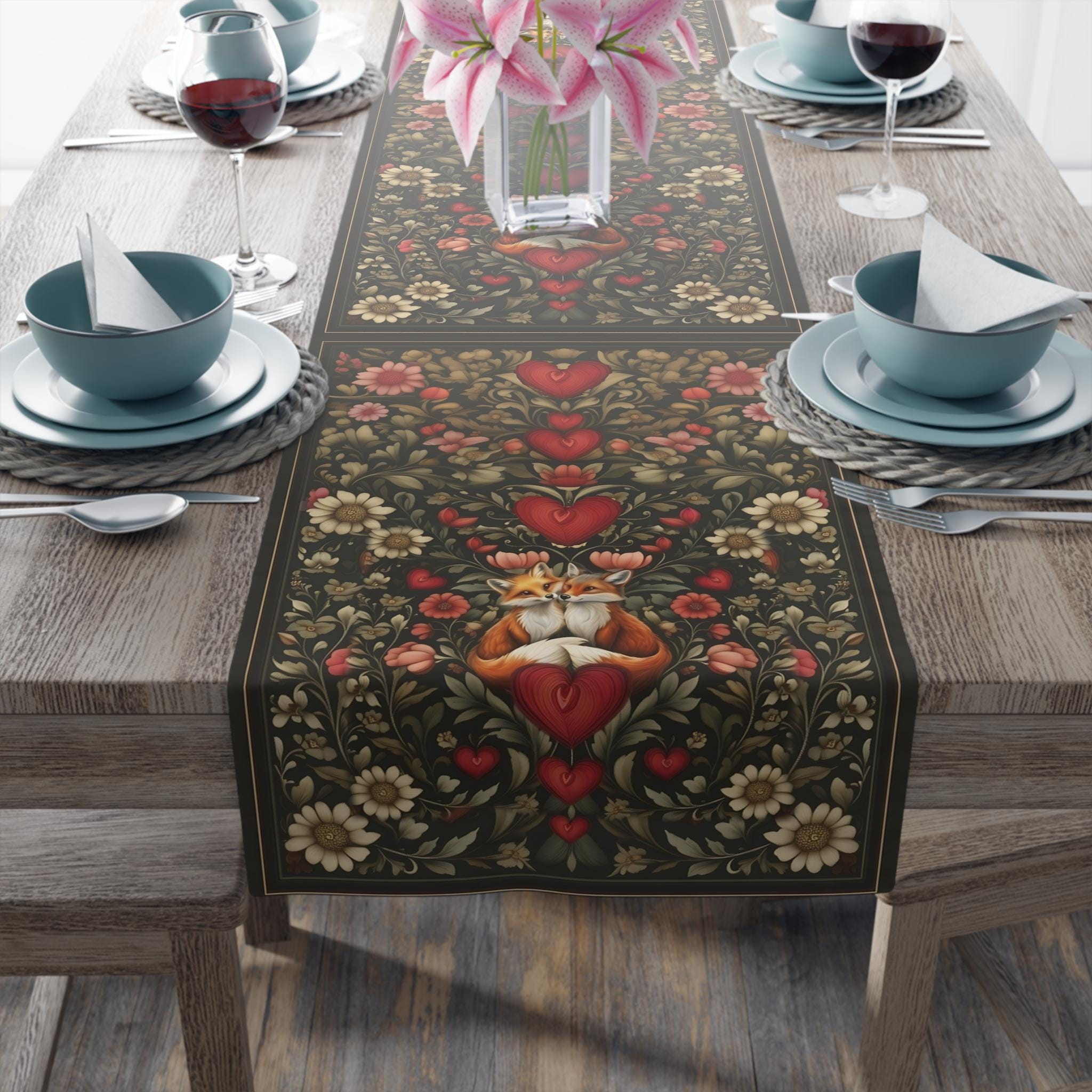 William Morris Inspired Table Runner: Fox Love Botanicals & Hearts Design