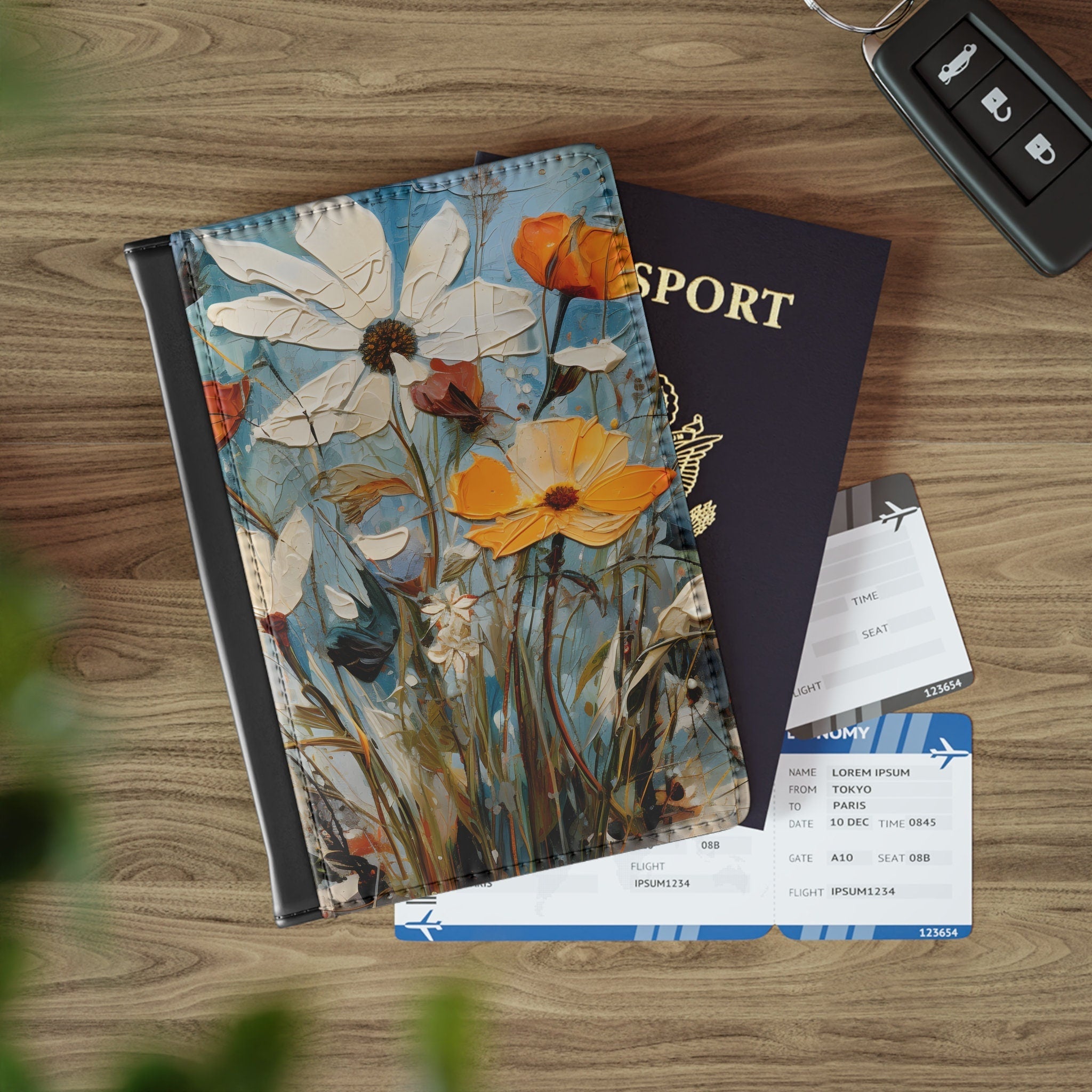 Vintage-Style Floral Passport Wallet: Colorful Wildflower Pattern on Blue Faux Leather Travel Accessory