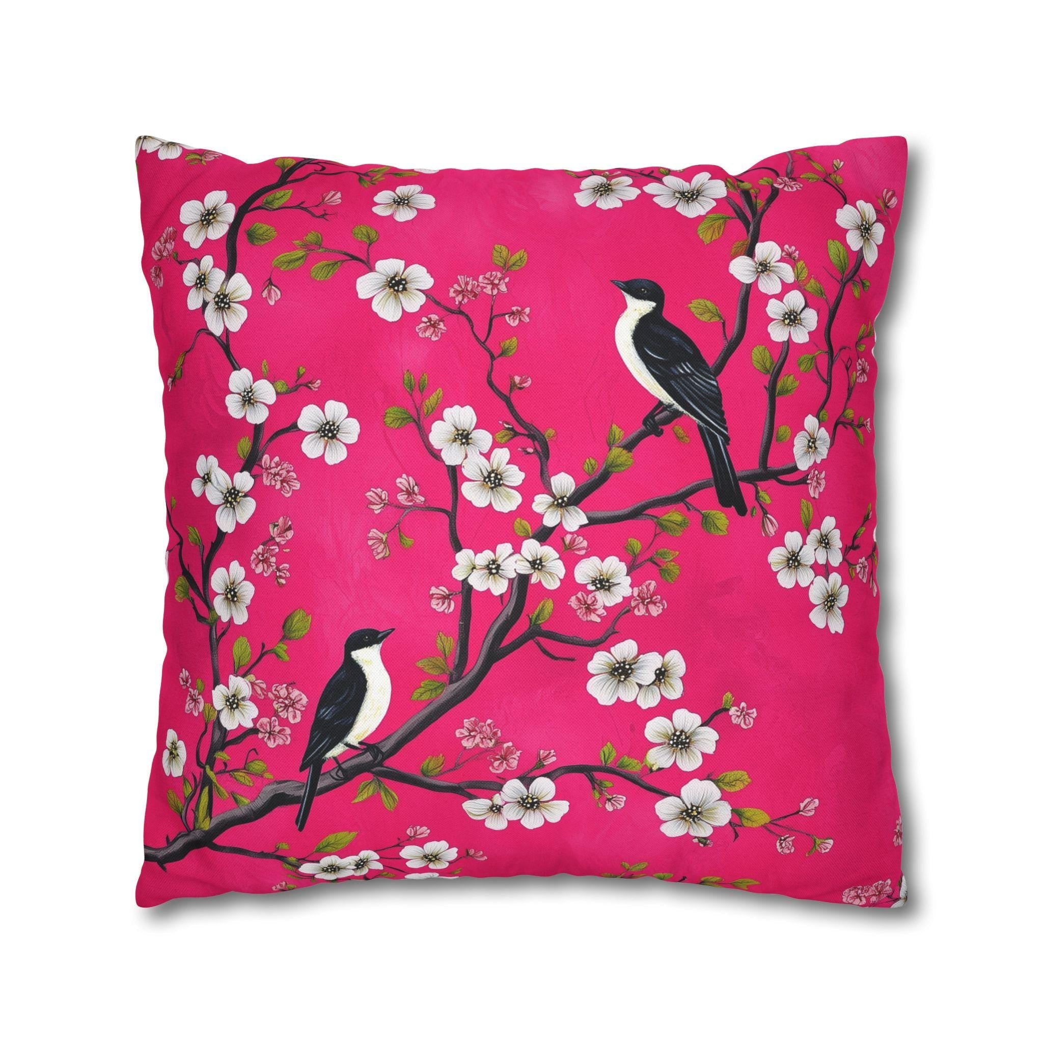 Chinoiserie Magenta Bird Pillow Cover: Vibrant Botanical Accent for Eclectic Decor