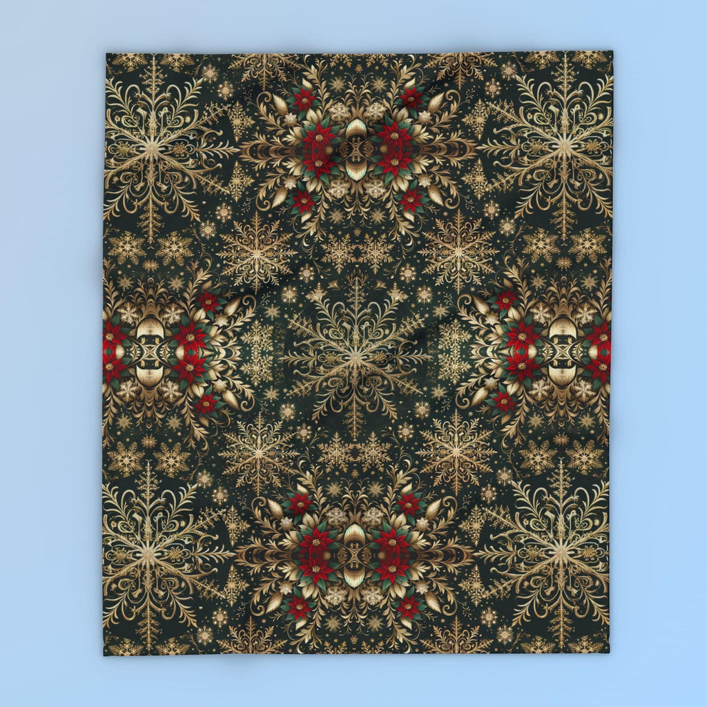 Elegant Golden Snowflake Poinsettia Fleece Blanket: Christmas Decor & Cozy Winter Gift