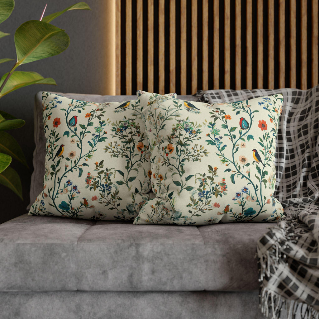 Vintage Chinoiserie Bird Pillow Cover: Cream Floral Botanical Cushion