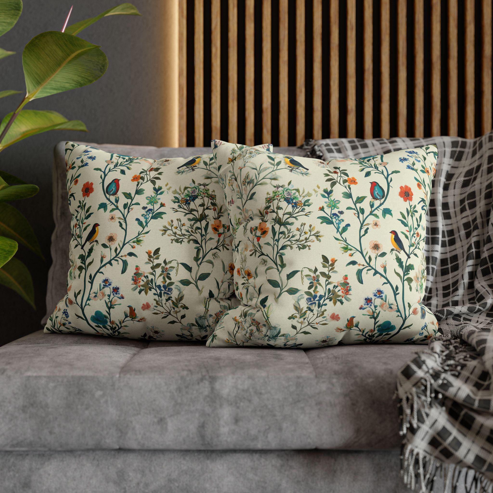 Vintage Chinoiserie Bird Pillow Cover: Cream Floral Botanical Cushion