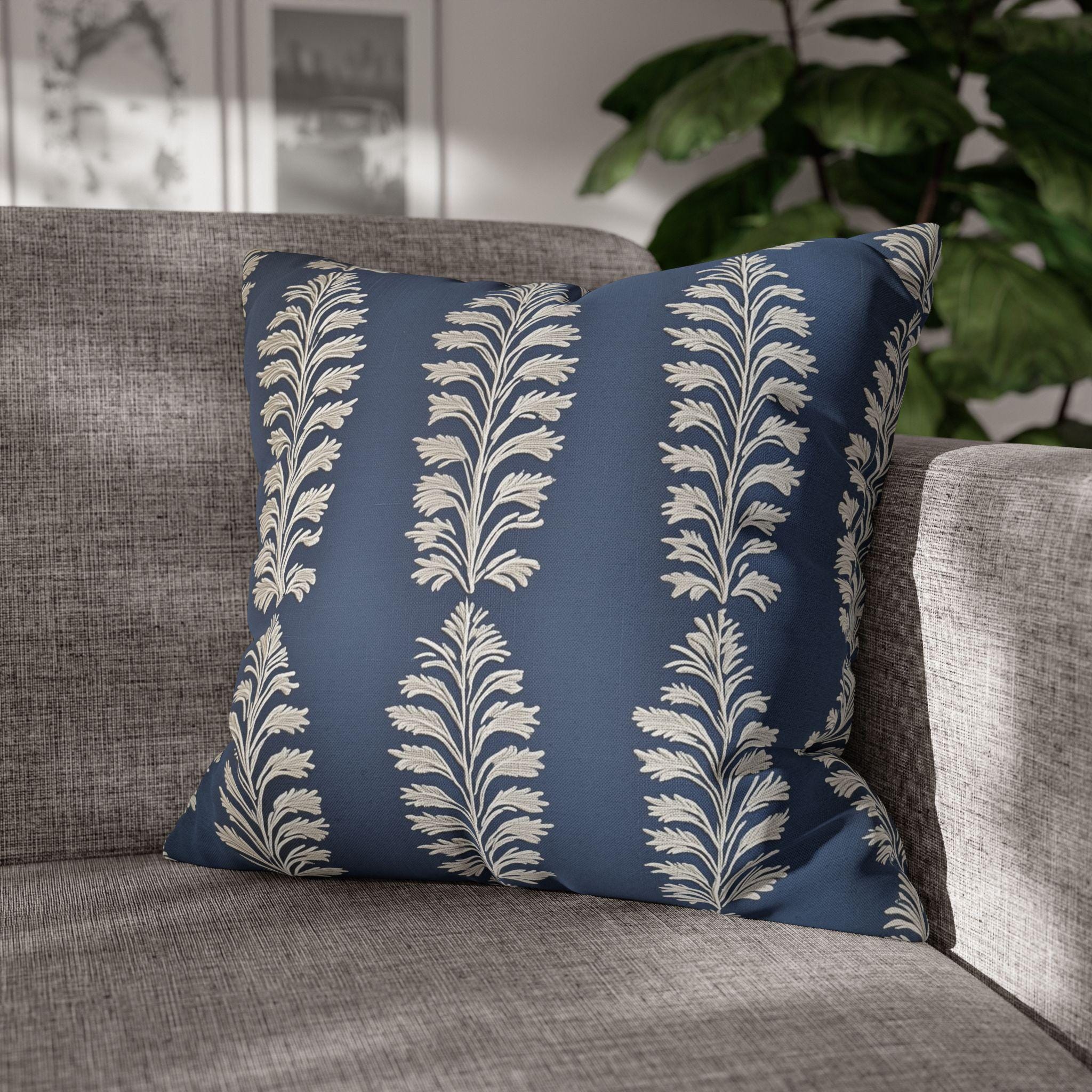 Slate Blue Botanical Pillow Cover: Ivory Leaf Stripe, Farmhouse Decor
