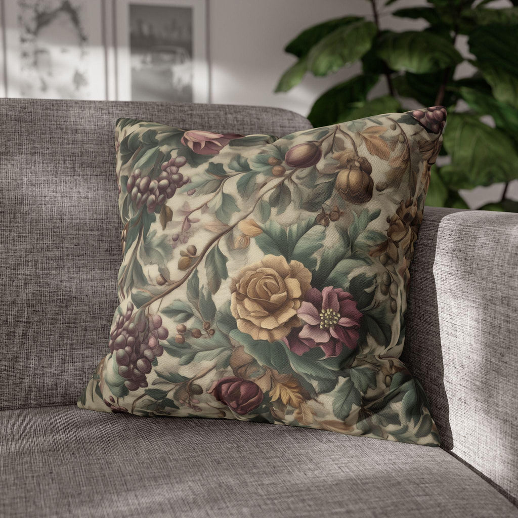 William Morris Inspired Christmas Floral Pillow Cover: Moss, Plum & Gold Square Polyester Cushion Case