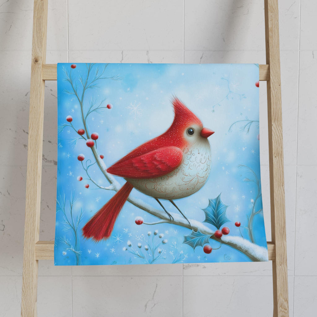 Winter Cardinal Bird Hand Towel: Frosty Blue Holiday Tea Towel